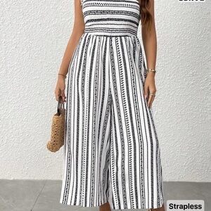 SHEIN Black and White Striped Strapless Jumpsuit